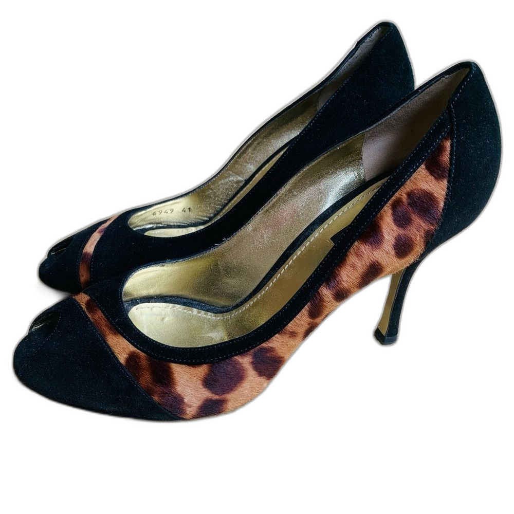 Dolce & Gabbana Black and Leopard Print Peep-Toe Heels